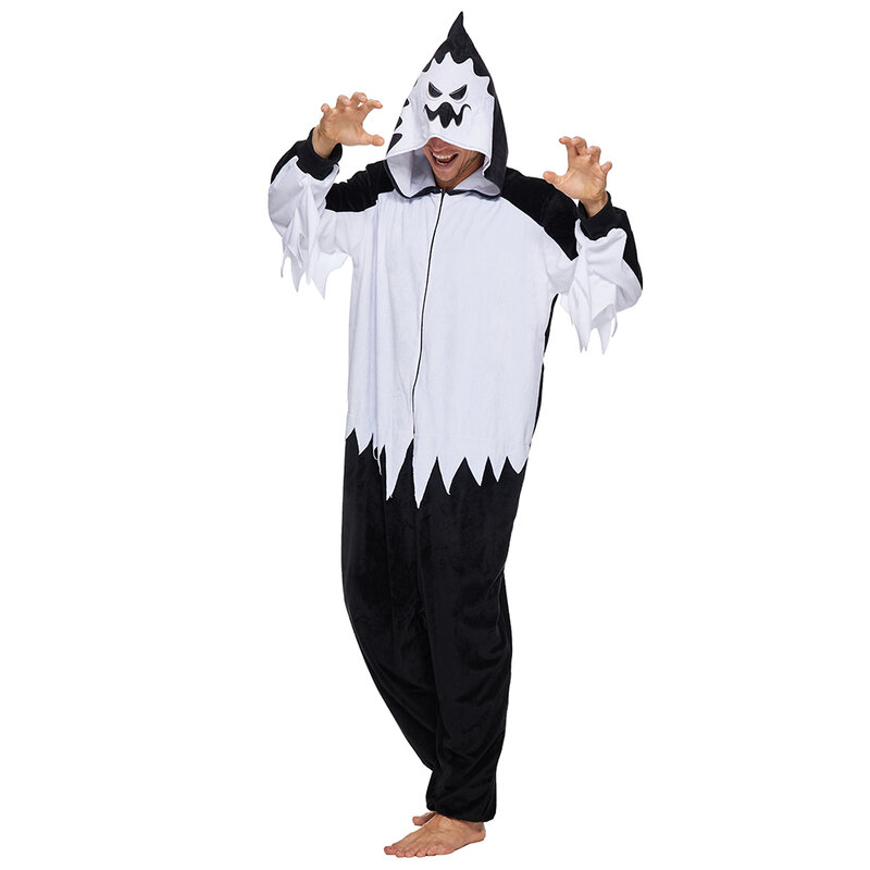 Piyama Hantu Putih Eraspooky untuk Dewasa Jumpsuit Uniseks Bertudung Ritsleting Kostum Halloween Gaun Fantasi Cosplay Hantu Paskah