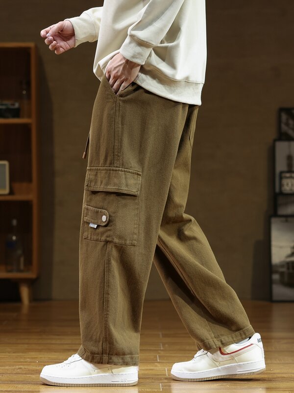 2023 Осенние новые брюки-карго, мужские хлопковые повседневные широкие брюки с несколькими карманами, Мужская рабочая одежда, свободные прямые брюки, большой размер 7XL 8XL