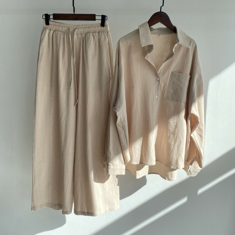 Conjunto de 2 piezas para mujer, camisa de solapa de Color sólido, traje holgado de cintura alta y manga larga con solapa y pantalones, S-5XL