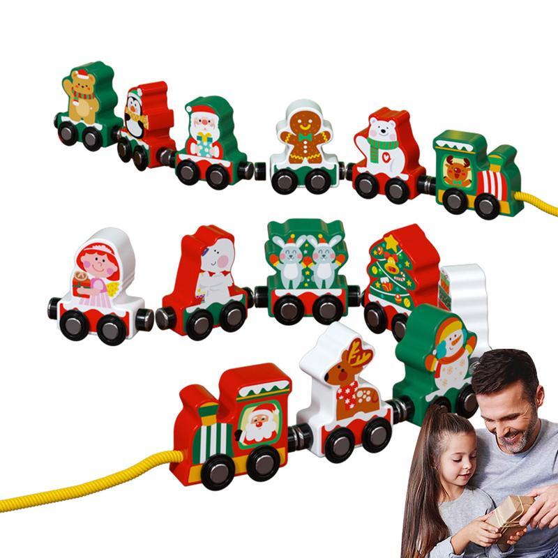 Set kereta Natal, Set kereta kayu magnetik 3D Puzzle Montessori mainan pendidikan pohon Natal kereta Set untuk anak-anak