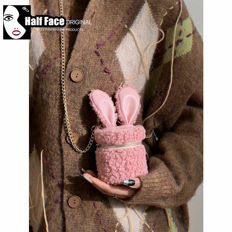 Y2K Girl Harajuku Women Gothic Punk Lolita Versatile Cute Furry Rabbit Ears Mini Lipstick Earphone Chain Crossbody Bags Tote