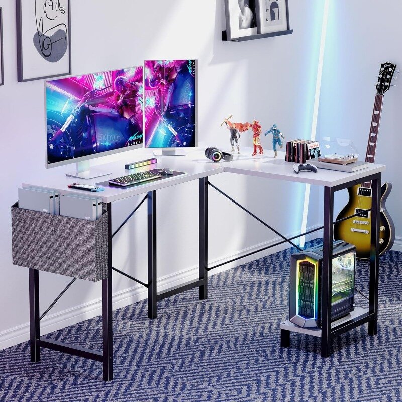 Biurko komputerowe w kształcie litery L-Cal biurko narożne z regały magazynowe i boczne kieszenie do biura, sypialni