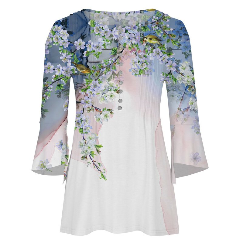Женский элегантный и благородный топ с цветочным принтом, V-образным вырезом и коротким рукавом, футболка на пуговицах, привлекательная летняя одежда для женщин 2024
