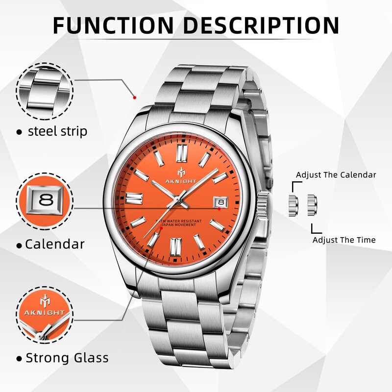 AKNIGHT Watch for Men Analog Quartz Wristwatches Waterproof Chronograph Watches Stainless Steel Band