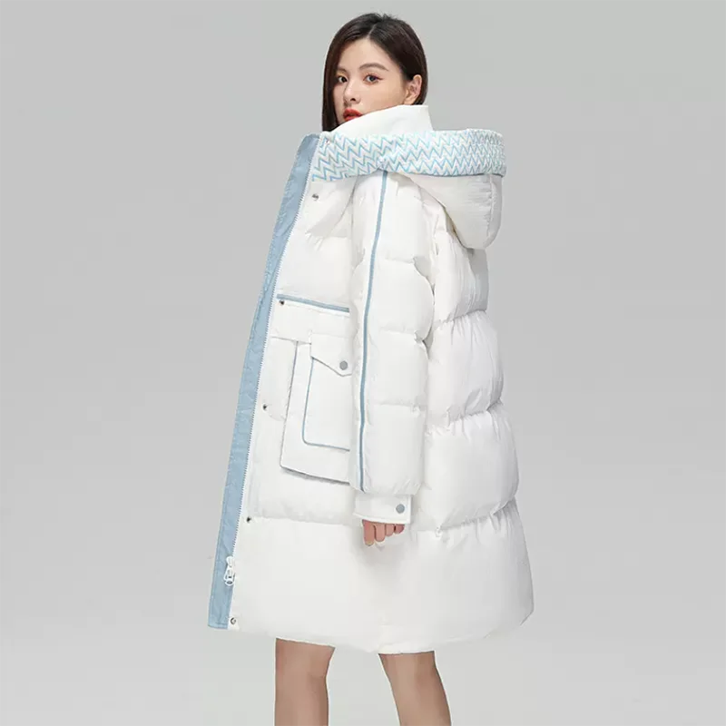 빅 포켓이 있는 여성 롱 후드 다운 재킷, 따뜻한 파커, 화이트 덕 다운 재킷, 캐주얼 외투, 여성 가을, 겨울, 2023