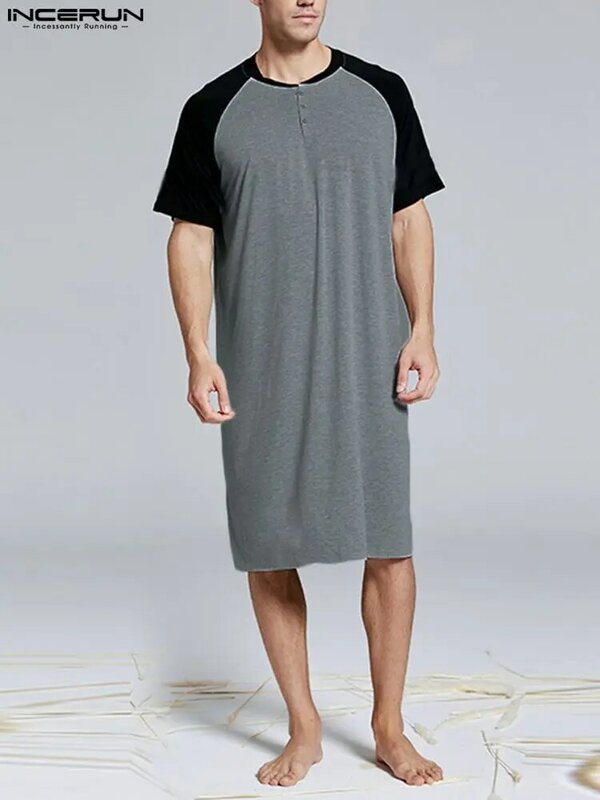 Ночная сорочка INCERUN мужская с коротким рукавом и круглым вырезом, пижама в стиле пэчворк, свободная удобная домашняя одежда для сна