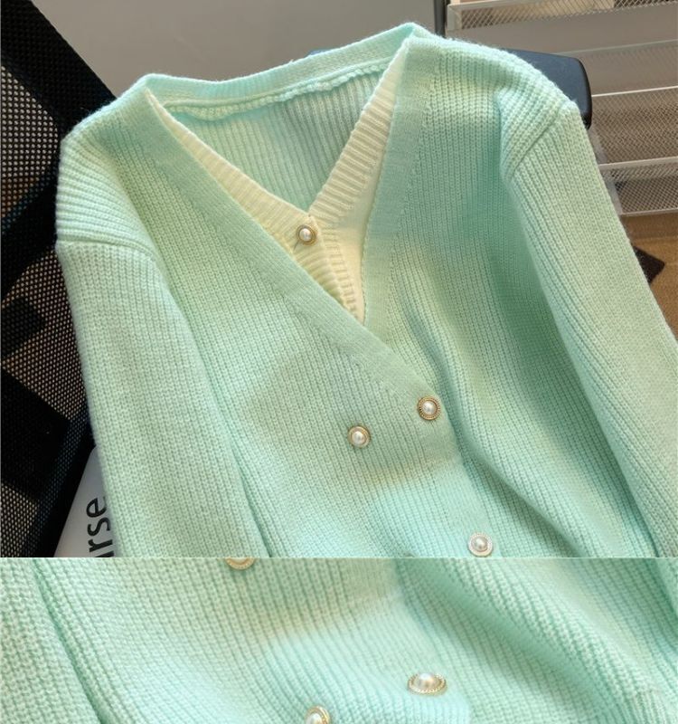 2024 Spring and Autumn Vacation Two Knitted Women's Wear Green Sweet Sweater Coat Sweater Korean Style Green Sweater
