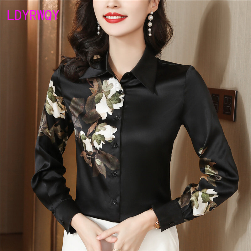 Chinese style black printed silk shirt, women's long sleeved 2024 new spring and autumn mulberry silk top button
