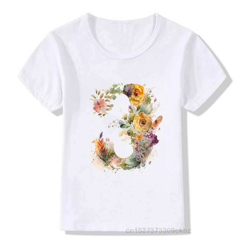 Camiseta infantil personalizada flor peônia estampada, 1-9 números de aniversário Design, tops de manga curta, verão, colorido