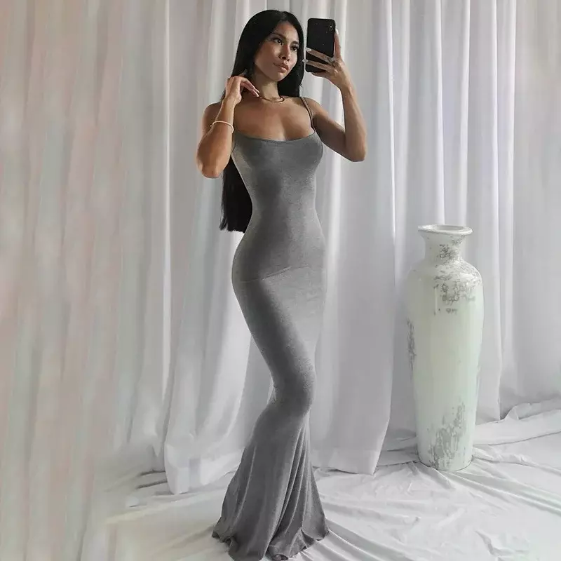 Y2k Women Sexy Bodycon Long Dress Solid Color Spaghetti Strap Low Cut Evening Party Dress Summer Beach Going Out Clothing
