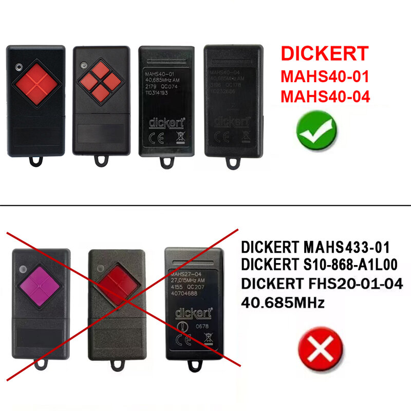 Dickert MAHS40-04 40.685MHz AM 110232686 / MAHS40-01 40,685MHz AM 110314193 Garage Door Remote Control Red Button Transmitter