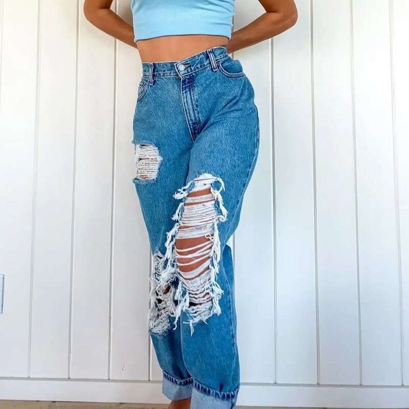 Summer Ripped Jeans Women's Invisible Open Crotch Pants Destroyed Retro Y2g Streetwear Loose Wide Leg Denim Trousers Outdoor Sex