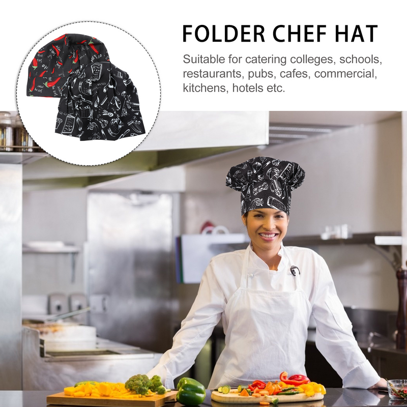 男性と女性のための通気性のあるシェフの帽子、パターン化されたキッチンフォルダーの布、2個