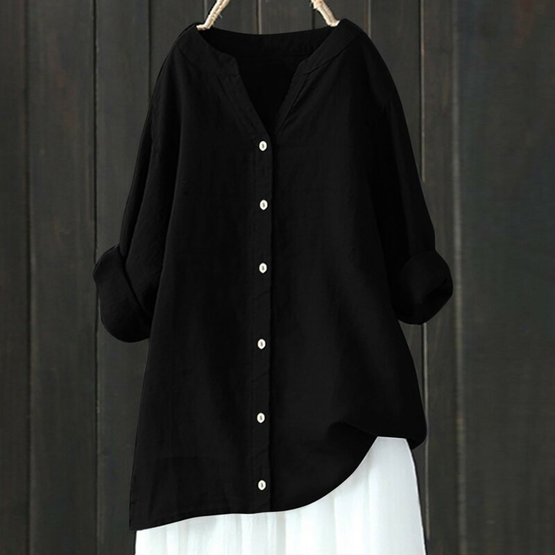 Cotton Linen Shirts And Blouses Solid Loose Plus Size Blouses Spring Autumn Casual Loose Long Sleeved Stand Collar Tops Tunics