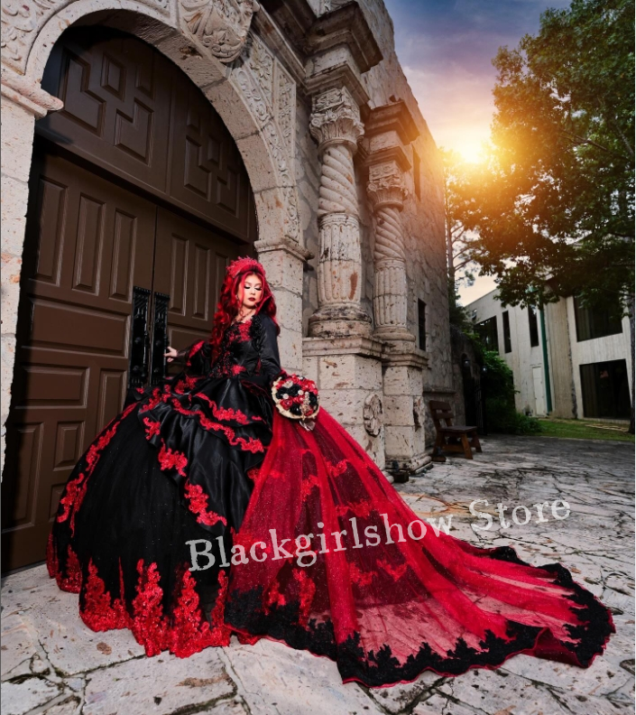 Vestidos de baile de princesa de lujo, quinceañera, Negro, Rojo, manga larga, Burdeos, apliques de encaje, vestidos de novia góticos, dulce 16 vestidos