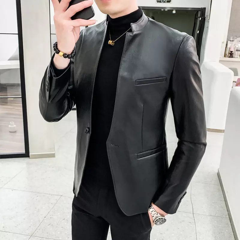 2021 Vêtements de marque de mode hommes de haute qualité décontracté veste en cuir Mâle slim fit affaires en cuir imbibé manteaux/Homme Blazers S-5XL