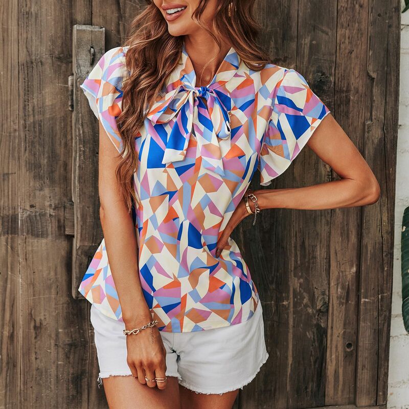 Summer New Short-sleeved Top Women's Chiffon Stand-up Collar Print Pullover Shirt Female & Lady Clothing
