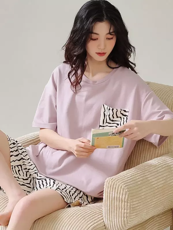 Pajamas Female Summer Models New Cotton Short-sleeved Shorts Set Summer Zebra Print Loose Can Be Worn Outside Homewear Sleepwear