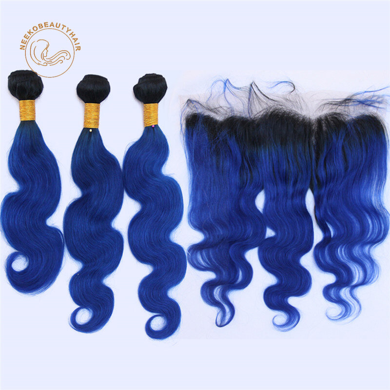 Königsblau Ombre Echthaar bündel mit Verschluss Blau gefärbte Haar bündel mit frontalem Körper wellen haar