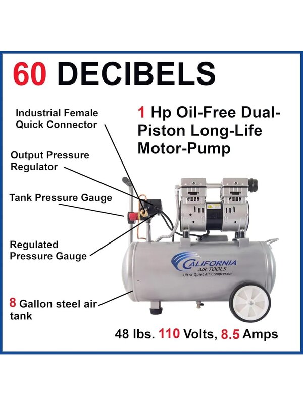 California Air Tools 8010 Steel Tank Air Compressor | Ultra Quiet, Oil-Free, 1.0 hp, 8 gal