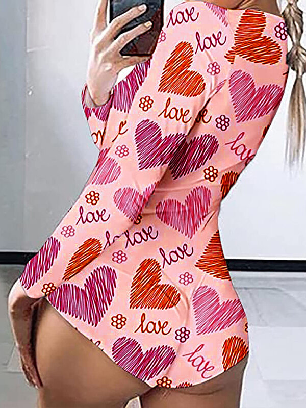 Baju tidur wanita Jumpsuit, baju tidur Hari Valentine lengan panjang