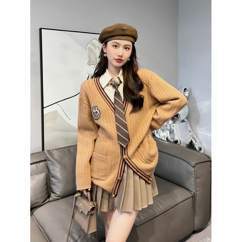 Conjunto uniforme Jk de três peças para mulheres, cardigã de malha com decote em v, saia retrô estilo universitário, Coreia do Sul, outono