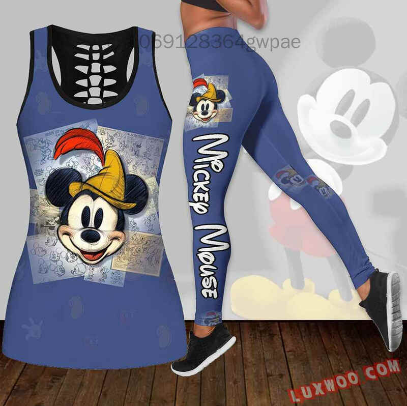 Mickey Mouse damskie bezrękawnik z wcięciem legginsy damskie strój do jogi legginsy Fitness strój sportowy Disney Tank Top Legging komplet strój