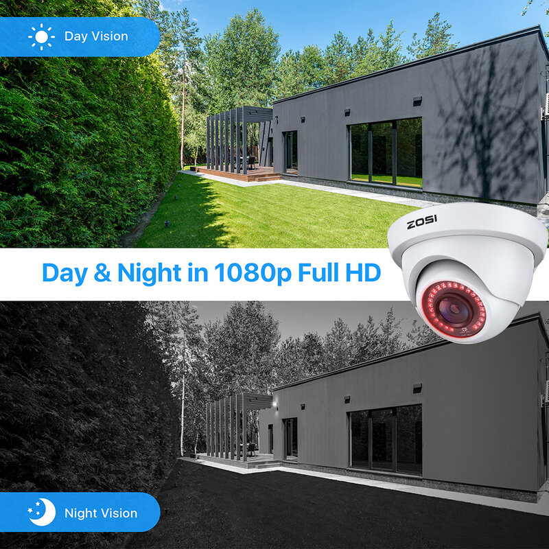 ZOSI-كاميرا مراقبة داخلية وخارجية ، كاميرا مراقبة منزلية ، رؤية نهارية ليلية ، 2.0 ميجا بكسل HD ، P ، TVI ، CVI ، AHD ، 80 قدمًا ، 4 عبوات