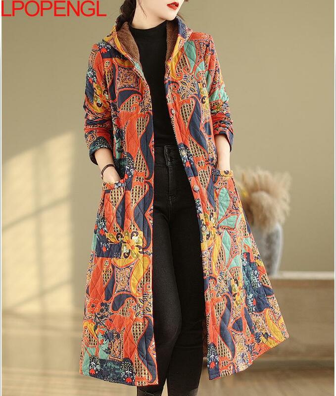 Mode Damen Winter blumen Kapuze einreihige Baumwoll jacke neue warme lose ethnische Stil lange Ärmel weit taillierten Mantel