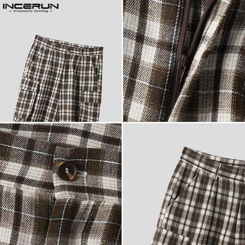 INCERUN Men Plaid Pants Button Joggers Loose Pleated Pockets Casual Straight Trousers Men Streetwear 2024 Male Long Pants S-5XL