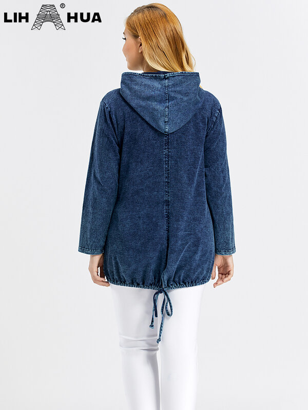 LIH HUA damska kurtka dżinsowa Plus Size jesień Casual wysoka rozciągliwość bluza z kapturem dzianina bawełniana