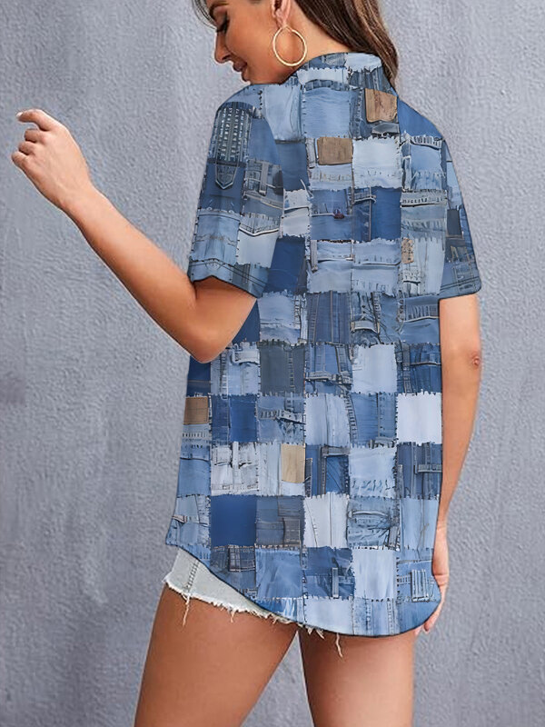 女性用半袖デニムシャツ,3Dデジタルプリント,シンプルなファッションシャツ,ストリート,人気,夏,2024