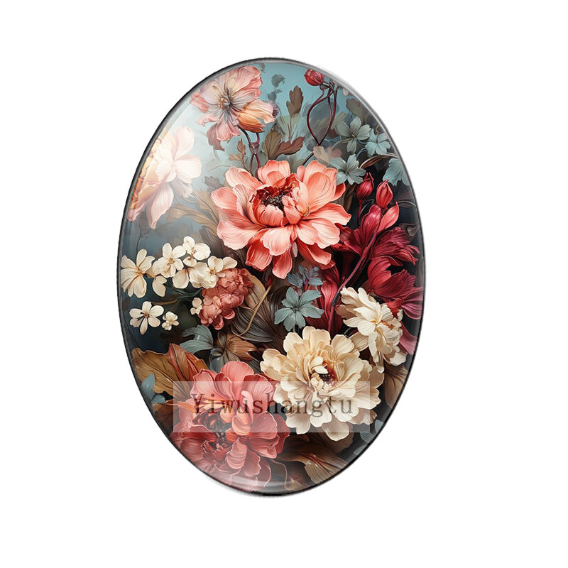 لوحات فنية زهور وردية ملونة حمراء ، صورة بيضاوية ، كابوشون زجاجي ، ظهر مستوي تجريبي ، صنع النتائج ، 13 × 18 ، 18 × 25 ، 30 × 40 مم