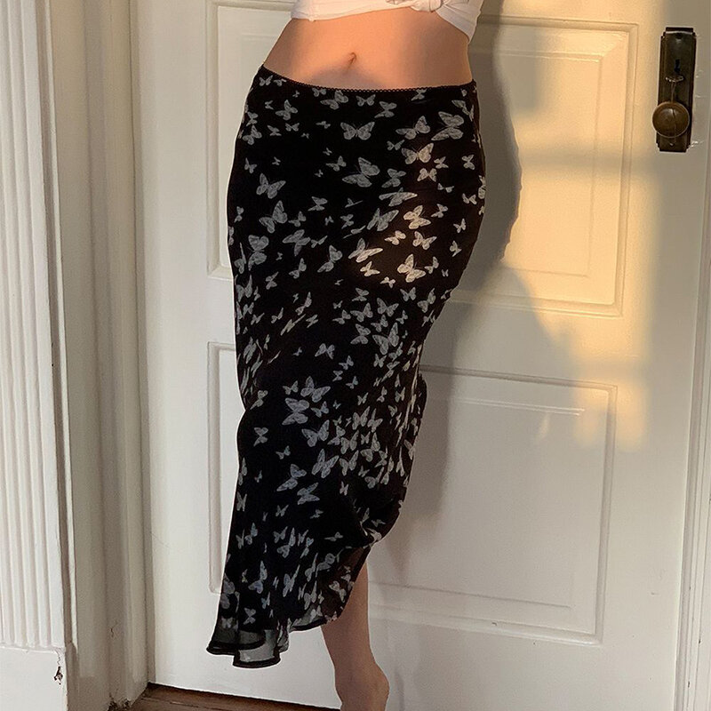 Falda de gasa de cintura alta con estampado de mariposa para mujer, falda de longitud media de gran tamaño, ropa retro con estampado de glúteos