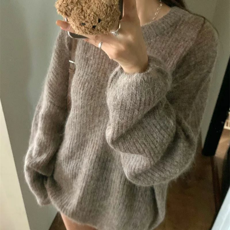Hsa Vintage Women Solid Sweaters Autumn Winter O Neck Long Sleeve Pullovers Tops Korean Fashion Soft Oversized Knitted Sweater