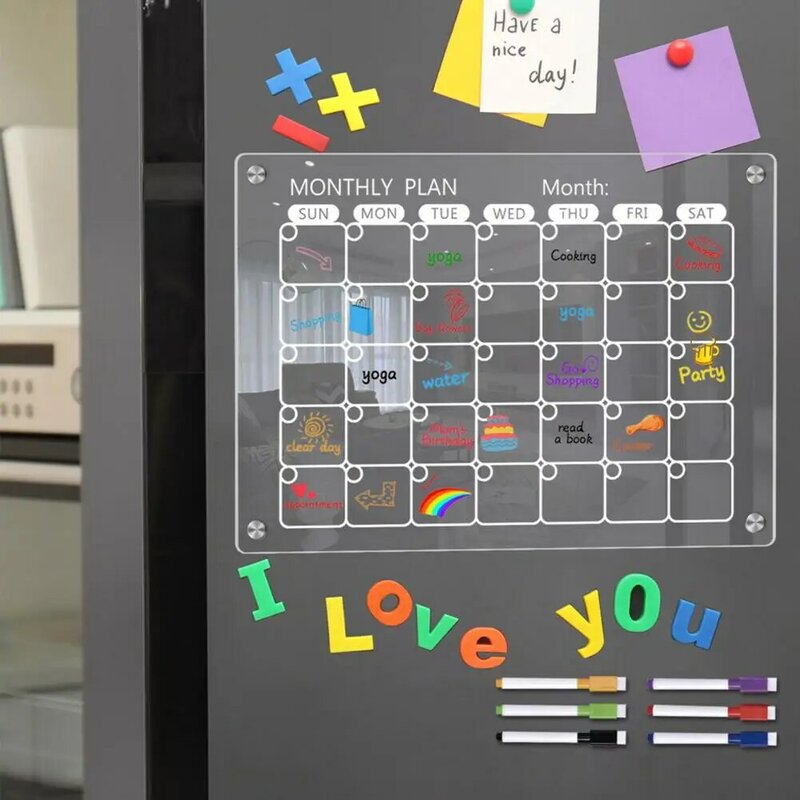 Quadro branco do calendário magnético, refrigerador acrílico do Dry-erase, 6 marcadores coloridos