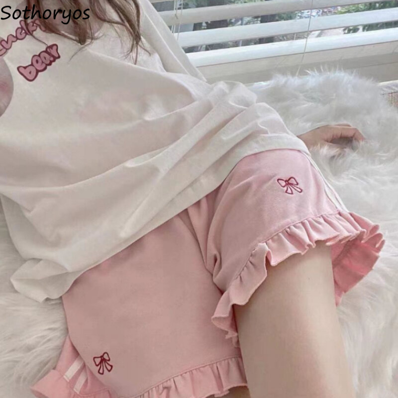 Summer Shorts Women Loose High Waist Leisure Sporty Students Kawaii Ruffles Stylish Japanese Style Bow Embroidery Workout Cozy