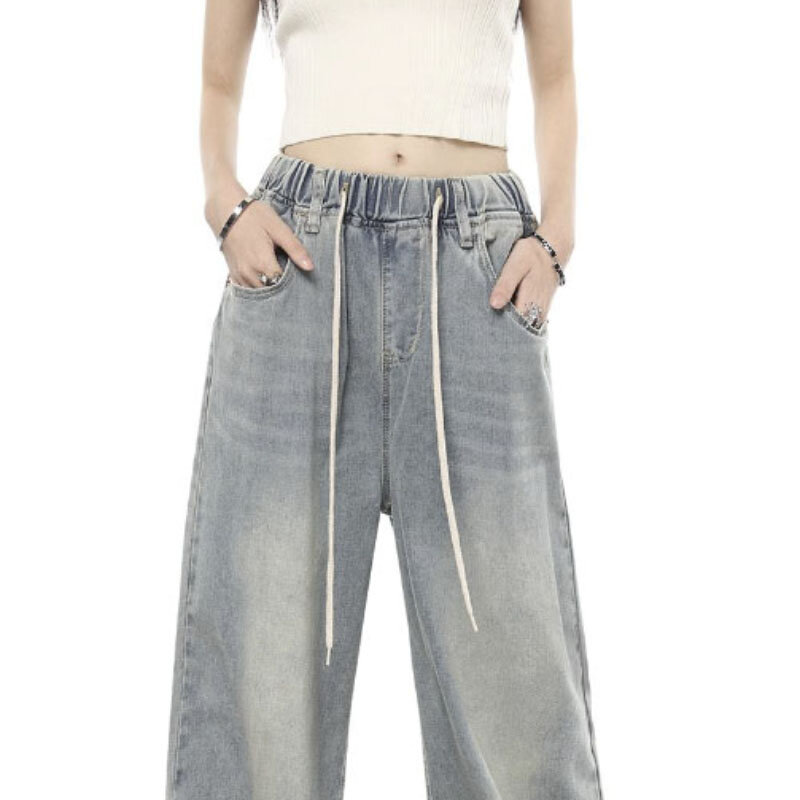 กางเกงยีนส์ขากว้างเอวสูงวินเทจสำหรับผู้หญิงกางเกงยีนส์แบบผูกเชือก