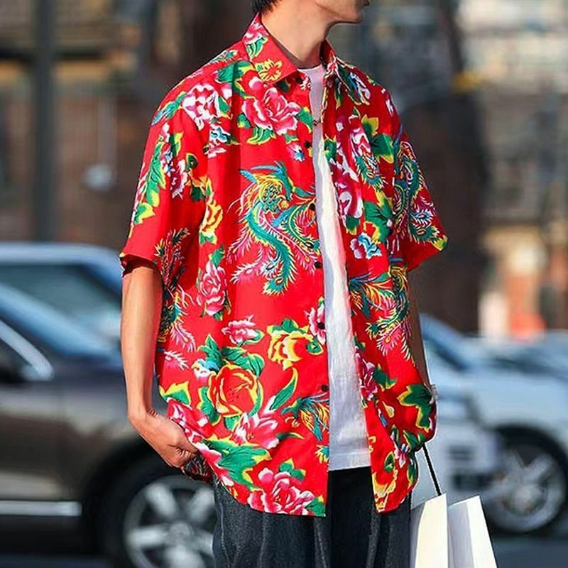 Camisa de manga curta floral grande para homens, camisa estampada étnica e moderna, jaqueta casual estilo nacional, seção fina, 2024