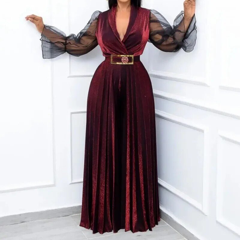 plus Size Chic Women Velvet Jumpsuits Sheer Long Sleeve Pleated Wide Leg Pants One Piece Outfits Vintage Elegant Party Rompers