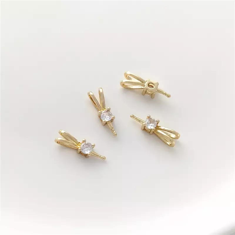 14K Gold Plated Zircon Double Ear Rabbit Style with Needle Sticking Half Hole Pearl Holder Hanging Pearl Holder DIY Accessories