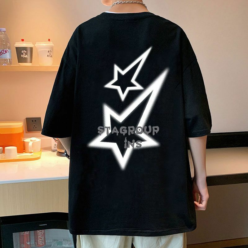 American vintage star pattern trendy brand short sleeve T-shirt for men and women summer loose ins trend half sleeve t-shirt