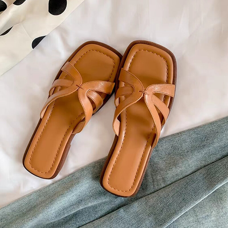 2024 Size 35-40 Women Slides Sandals Genuine Leather Soft Low Heels Summer Ladies Beach Shoes Casual Home House Slippers Outdoor