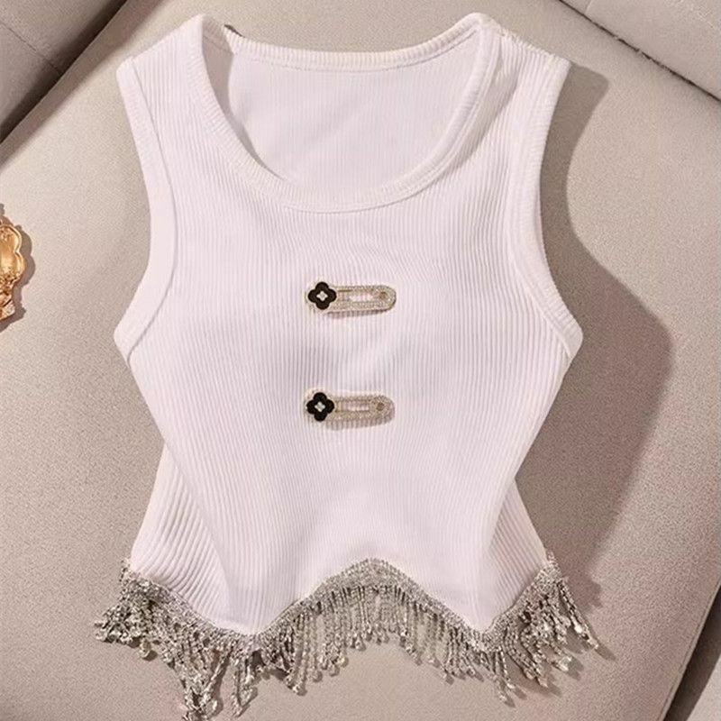 2024 New Solid Color Tops Fashion Ladies Sleeveless Interior Lapping Summer O-neck Pullovers Bright Line Decoration Camisole