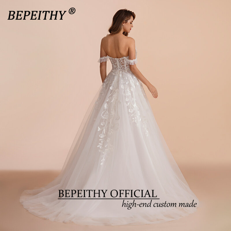 BEPEITHY – robe de soirée de mariage, ligne A, sans manches, traîne, épaules tombantes, dentelle, ivoire, blanc, 2023