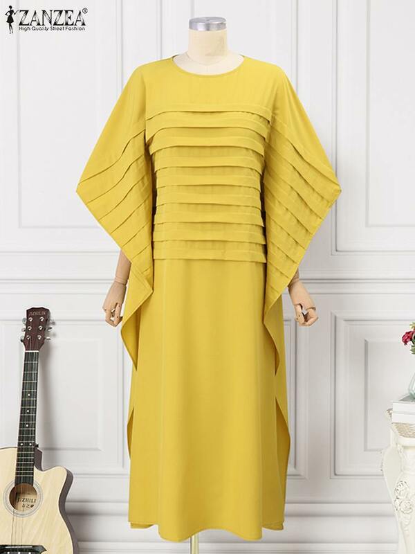 Модное уличное плиссированное платье ZANZEA большого размера, женское длинное платье, летнее свободное платье макси с рукавом 3/4, Повседневное платье с круглым вырезом