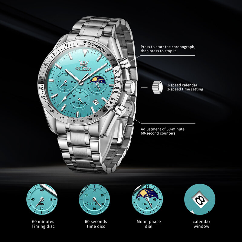 OLEVS zegarek męski 2024 nowy wodoodporny chronograf ze stali nierdzewnej z fazą księżyca klasyczny zegarek kwarcowy marki oryginalny męski zegarek