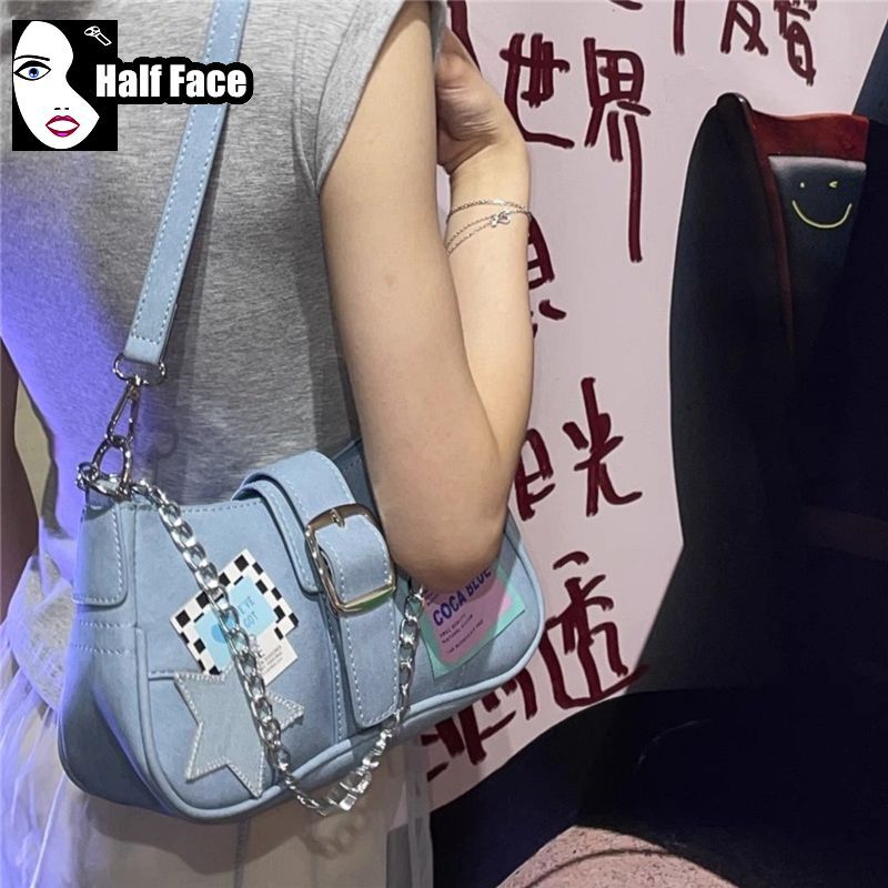 Y2K Spicy Girls Harajuku Women's Gothic Blue Punk One Shoulder Advanced Design Underarm Lolita Chain Design Crossbody Bags Tote