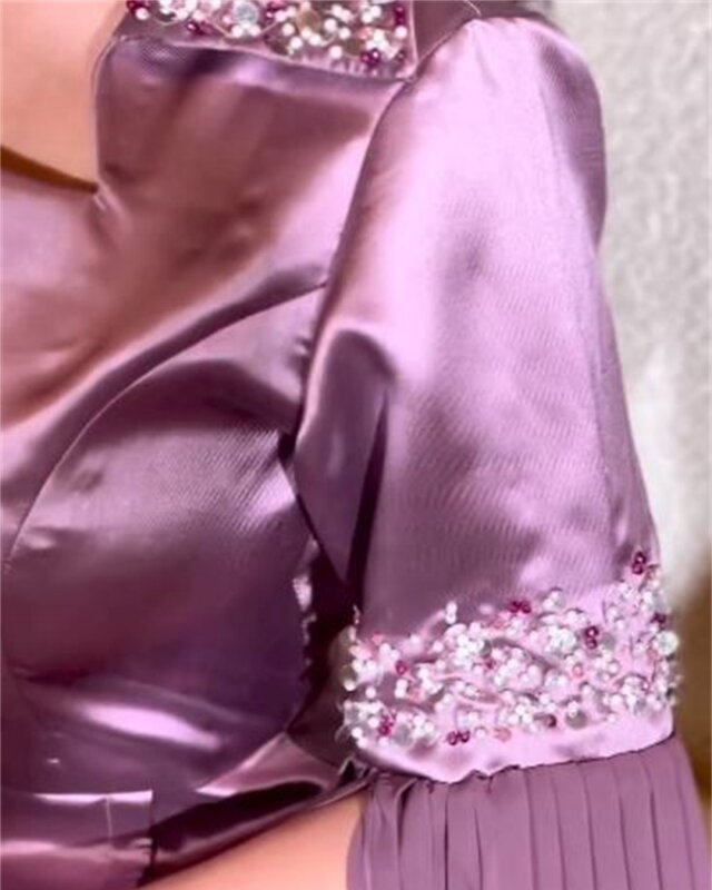 Oisslec gaun Prom Fashion kualitas tinggi persegi panjang lantai lengan panjang Satin manik-manik Formal gaun malam هsemi