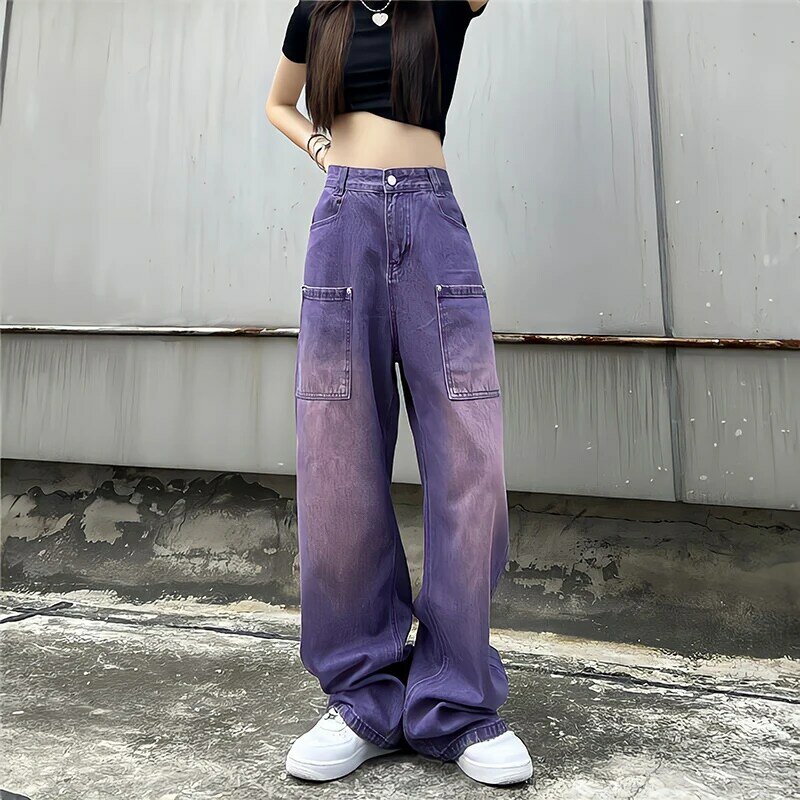 Фиолетовые мешковатые джинсы, женские брюки-карго в стиле «бойфренд» с высокой талией и градиентным эффектом, прямые джинсовые брюки Y2k